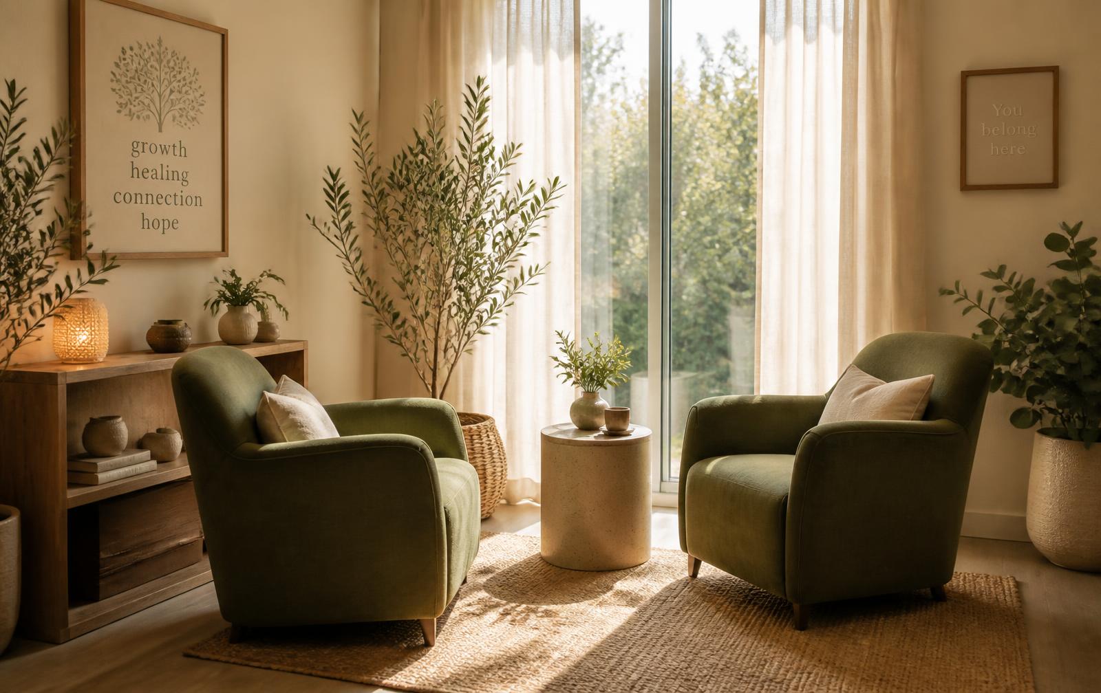 Two olive green counselling armchairs in a sunlit room